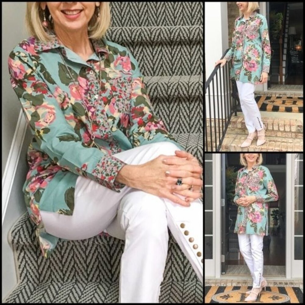 Soft Surroundings Garden Floral Shirt Dress L/S Turquoise/Pink Cotton Womens M